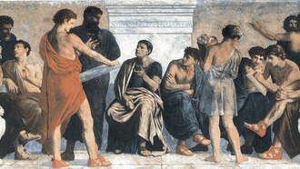 Gustav Adolph Spangenberg (1828–1891). Fresco que representa la Escuela de Aristóteles, ca. 1883-1888, reproducción de Wikimedia