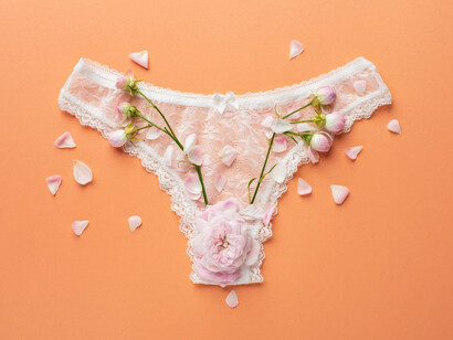 Lace underwear with rose buds showcasing symbolism and suggestion 