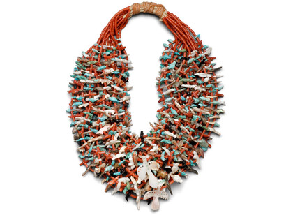 Leekya Deyuse (1889-1966), Zuni, New Mexico. Fetish Necklace, ca. 1935. Coral, shell, turquoise, jet, cotton cord, and leather, length: 16 inches. Gift of Mrs. David T. Beals, 68-5/12.
