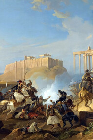 The painting depicts an idealized battle near the Temple of Zeus and the Acropolis of Athens. The Greek leader (left to center) resembles Georgios Karaiskakis. During the 1825-1828 invasion, the Ottoman army, with troops from Asia, Africa, and Europe, is symbolized by a camel among the retreating forces. Original title: Kampfszene