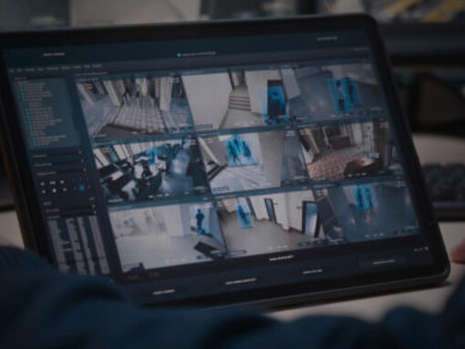 A security operator adjusts CCTV cameras using a tablet to monitor surveillance feeds and maintain control