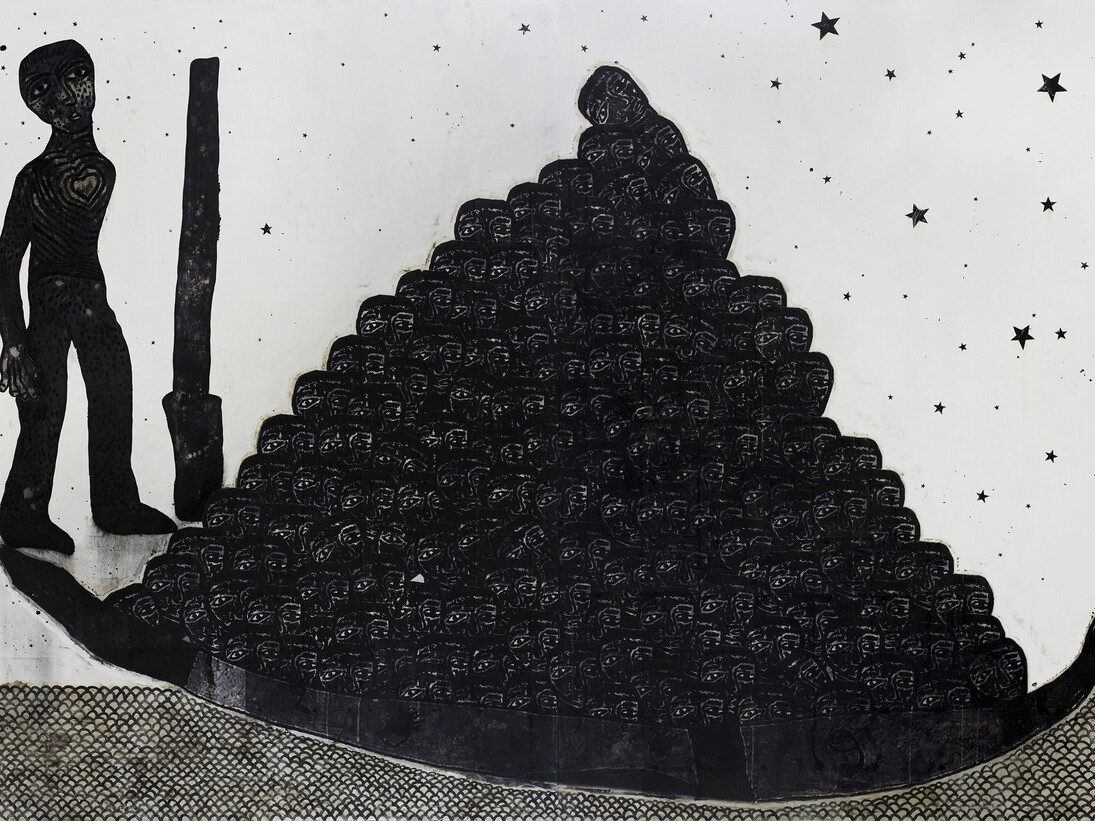 Sadik Kwaish Alfraji, Don't Put All Your Dreams in One Boat, 2014, Indian ink, charcoal on canvas, 270 x 390 cm