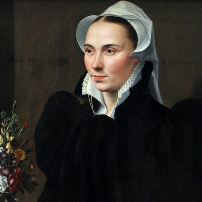 Adriaen Thomasz Key o Ludger Tom Ring il Giovane (attribuzione incerta), Ritratto di giovane donna con mazzo di fiori, 1564. Musées Royaux des Beaux-Arts de Belgique, Bruxelles, Belgio