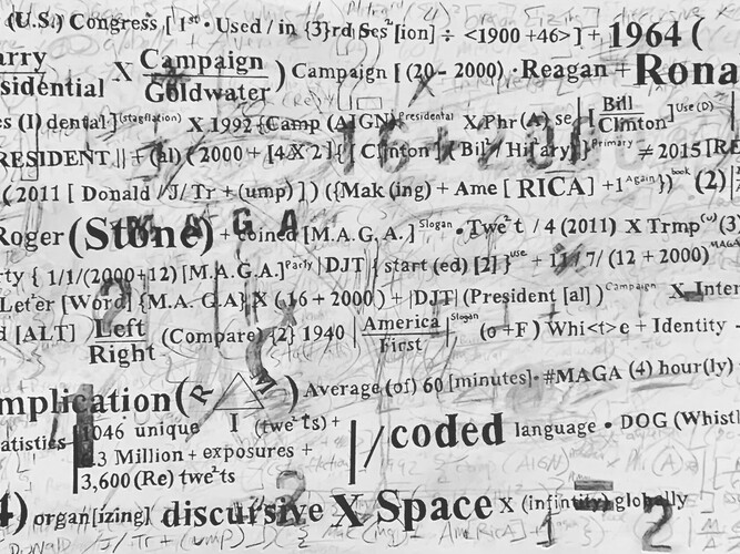 Gabriel Delgado, History of MAGA, graphite and ink on paper, mounted on canvas, 20x30x2 in