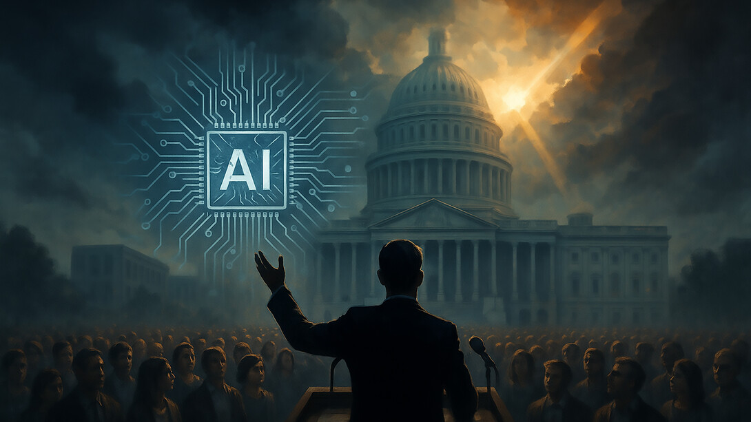 Silhouettes of people stand against a backdrop of AI circuits and government symbols, reflecting the tension between technology, politics, and community