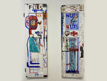 Jason McLean, installation image, Time Flies
(2020) and Nuts 4 Nuts (2019), acrylic on
found wooden doors, 80x24 inches each. Courtesy of the artist and Van Der Plas Gallery

