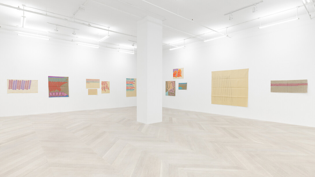Giorgio Griffa, Consistently through variation, exhibition view. Courtesy of Casey Kaplan Gallery