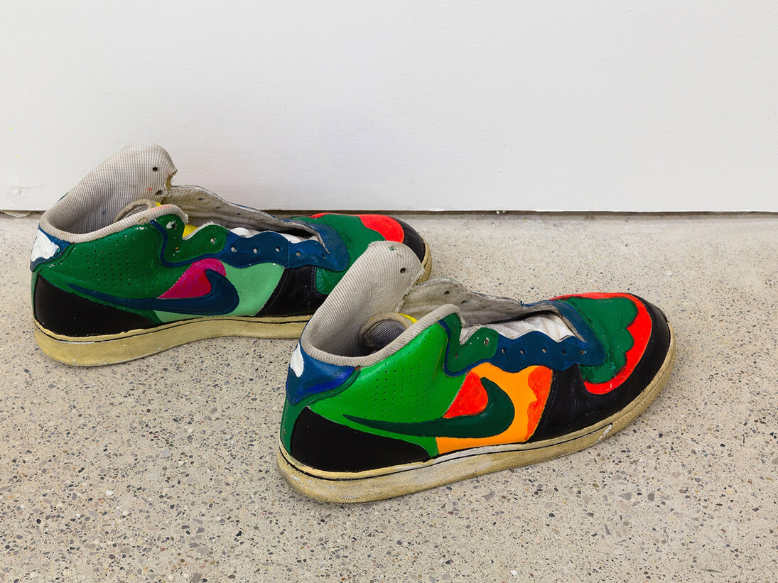John Olson, 
Untitled, 2013,
Acrylic paint on used athletic shoes,
15.24 x 30.24 x 12.7 cm,
(in. 6 x11 7⁄8x5 )