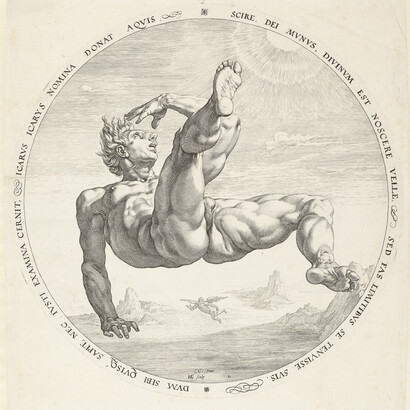 Hendrick Goltzius (1558–1617) Icarus ,1588  Engraving  image (diameter): 308 mm, Museum Boijmans Van Beuningen