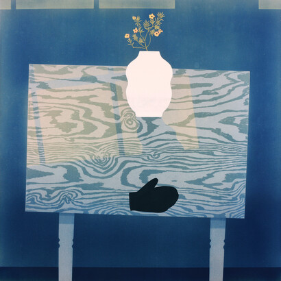 Casey Roberts, Still Life With Mitten, cyanotype and acrylic on canvas, 52x52 inches, copyright the artist. Courtesy the artist and Momentum Gallery