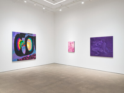 Hortensia Mi Kafchin, Paintings made for aliens above, exhibition view. Courtesy of P·P·O·W 