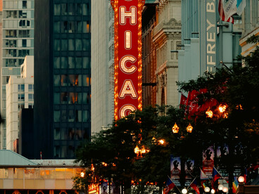 The iconic Chicago Theatre illuminated in the evening in downtown Chicago, Illinois, United States