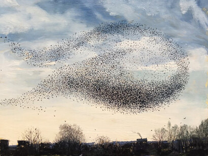 Chester Arnold, Murmuration V: Passacaglia (detail), 2023. Oil on linen panel, 11 x 14 inches. Courtesy of the artist and Catharine Clark Gallery