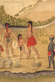 Schizzo ad acquerello di otto nativi americani di varie tribù e un ragazzo di origine africana nel 1735. I francesi affrontarono la reticenza culturale dei nativi americani e per compensare importarono africani per la manodopera. Realizzato dall'artista francese Alexander de Batz (1685-1759)