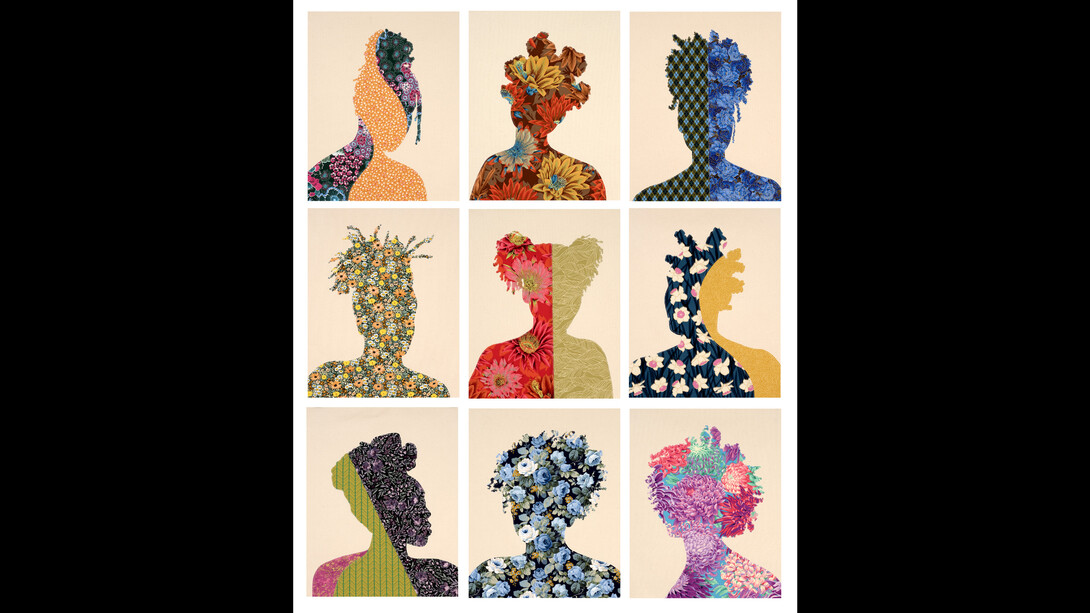 Gio Swaby, Together We Bloom 3, 2023, 64x52 inches, cotton fabric and thread sewn on muslin. Courtesy of the artist and Claire Oliver Gallery