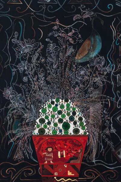 Nancy Friedemann-Sánchez, Dream map and cornucopia with lace (detail), 2026. Courtesy of Rebecca Camacho Presents