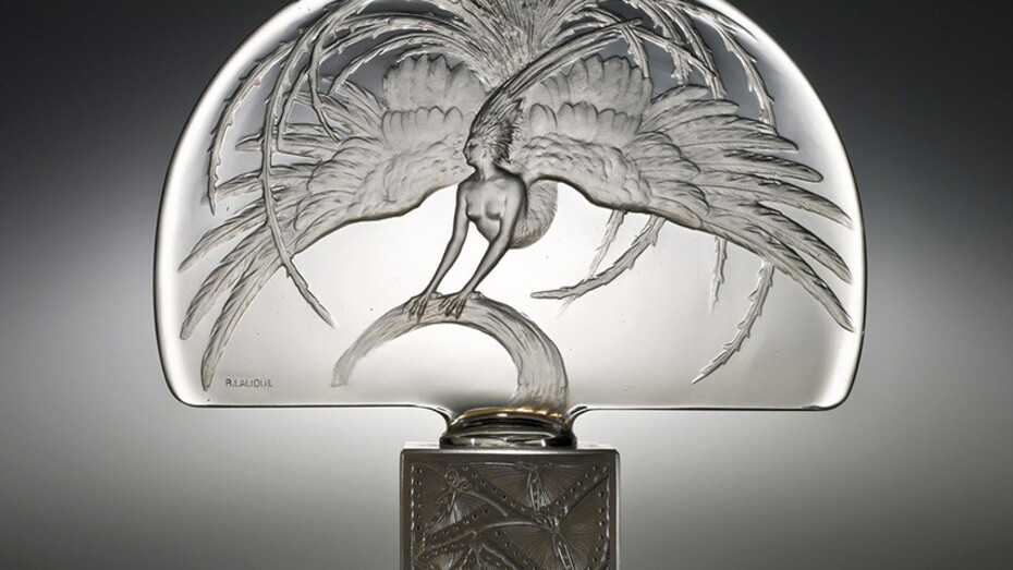 René Lalique, designer, Lalique et Cie, manufacturer: Oiseau de feu (Firebird). Illuminated Surtout de table (Table decoration): Bronze base, colorless glass; mold-pressed, acid-etched intaglio design. Designed 1922. All images courtesy the Corning Museum of Glass. Click any image to enlarge
