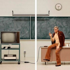 Media Studies ’77, 2016, Two painted aluminum lightboxes with transmounted chromogenic transparencies, Each panel: 232.2 x 182 x 17.8 cm / 91 5/8 x 71 5/8 x 7 in, Installed dimensions: 232.2 x 376 x 17.8 cm / 91 5/8 x 148 x 7 in. © Rodney Graham Courtesy the artist and Hauser & Wirth