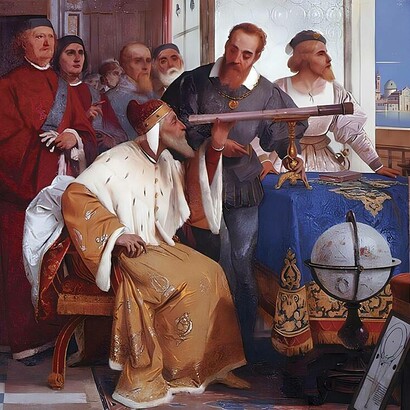 Giuseppe Bertini  (1825–1898), Galileo Galilei che mostra l'utilizzo del cannocchiale al Doge di Venezia, 1858, affresco, Sala Bertini, Villa Andrea Ponti, Varese, Italia