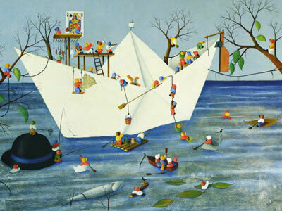 Mario Ortolani. La nave dei pazzi, olio su tela, Museo Nazionale delle Arti Naïves Cesare