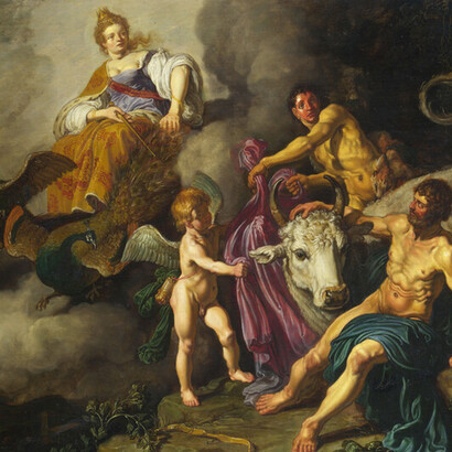 Pieter Lastman (1583 – 1633) "Juno descubre a Júpiter con Ío". Pintura, Júpiter, observa con ojos sobresaltados a la enfurecida Juno, acompañada de los pavos reales que le son característicos. Dos figuras retiran un paño de la cabeza de Ío transformada. Cupido, con su arco a sus pies, y una alegoría del Engaño, con una máscara. 1618. Galería Nacional, Reino Unido