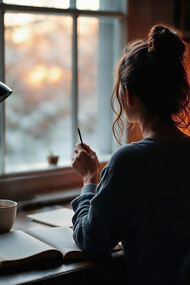 A writer working remotely in a cozy home, captured from behind, immersed in their craft