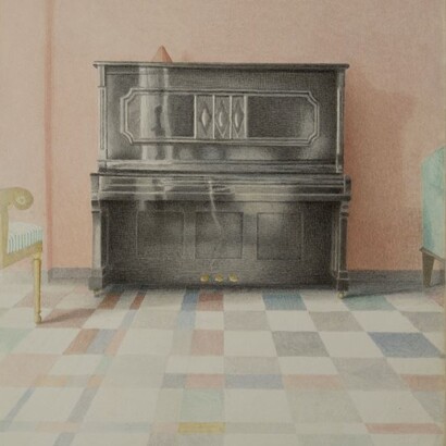 Bernardino Luino, Pianoforte nella stanza rosa, particolare, tecnica mista su carta, cm 38x28, 1999