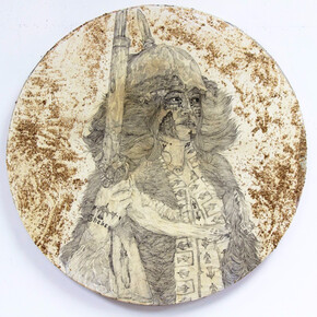 Umar Rashid (Frohawk Two Feathers), Jocasta, steward of New Thebes. A Portrait of tragedy and triumph with gold brushed on to hide the bruise. Messier no. 65, 2017. Courtesy of Johannes Vogt Gallery