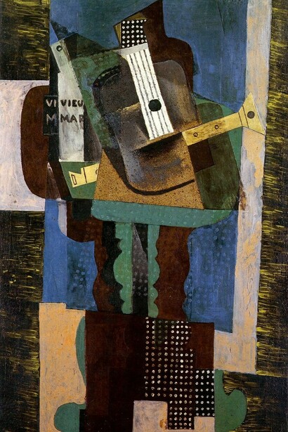 Pablo Picasso. Guitare, clarinette et bouteille sur une table