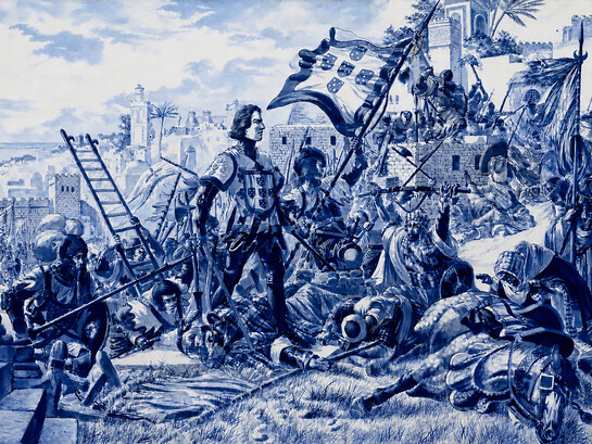Panel of glazed tiles by Jorge Colaço depicting Prince Henry the Navigator during the conquest of Ceuta