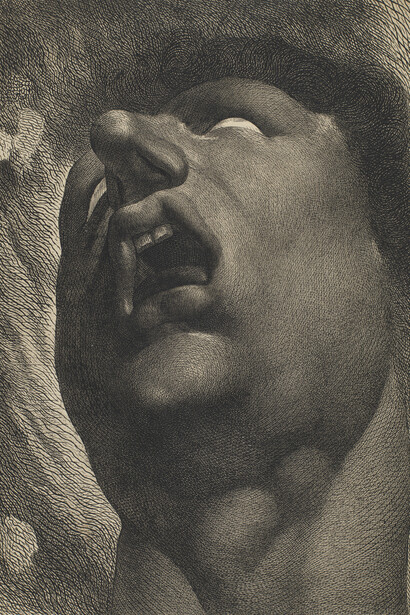 William Blake (1757–1827), Head of a Damned Soul (after Henry Fuseli), c. 1789–90, First state etching with engraving using dot and lozenge, 56 x 41 cm, © Hunterian Art Gallery, University of Glasgow