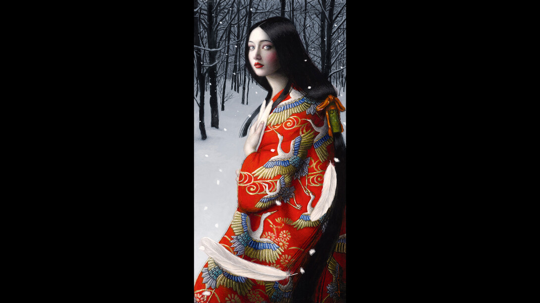 Chie Yoshii, Tsuru no Ongaeshi, Oil on wood panel, 24 x 12. 