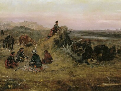 "Los piegan preparándose para robar caballos a los crow" (1888), Charles M. Russell