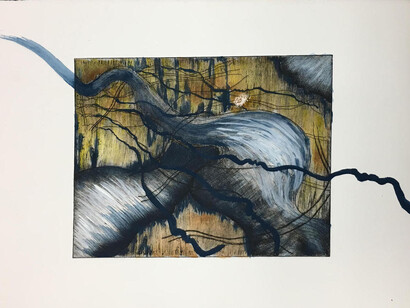 Rhonda Donovan, Untitled, 11 in by 15 in; fabric print, purple and green ink, acrylic paint, paper. Courtesy of Viridian Artists
