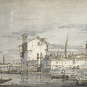 Giovanni Antonio Canal, known as Canaletto (1697‒1768), An Island in the Lagoon, Pen, brown ink with grey wash over ruled pencil lines on blue paper, 20 x 27.9 cm © Ashmolean Museum, University of Oxford