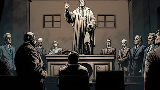 An illustrated courtroom scene captures the essence of justice, jury deliberation, and the tension of a courtroom drama