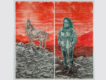 Orit Hofshi,
Vanishing, 2020,
Hand Printed Woodcut, Rubbing and Color Pencil Drawing on Handmade Kozo & Abaca Paper,
79 1/4" x 80 1/2" (201.5 x 204.5 cm). Courtesy of the artist and Yossi Milo Gallery