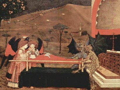 Paolo Uccello, _Il Miracolo dell'Ostia fritta. Angeli e Diavoli si contendono l'anima dell'ebrea_  