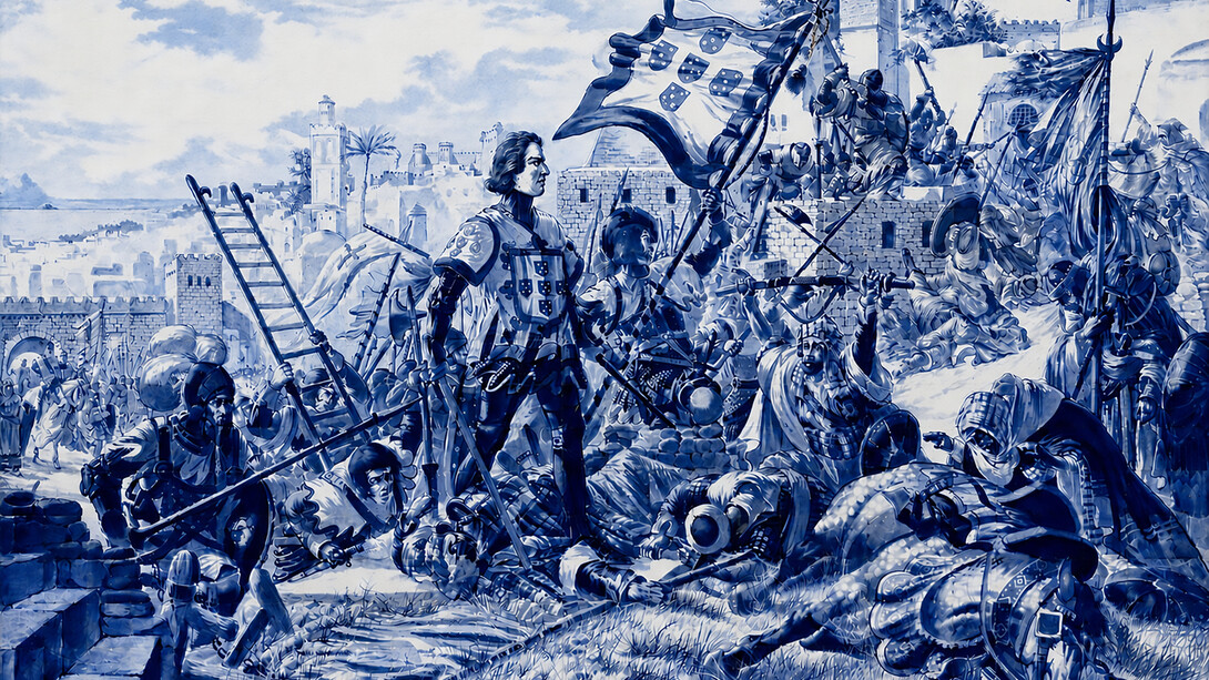 Panel of glazed tiles by Jorge Colaço depicting Prince Henry the Navigator during the conquest of Ceuta