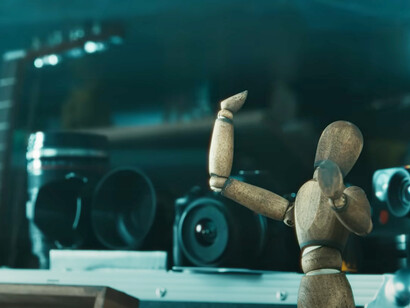 Un muñeco de madera articulado y otros objetos a punto de ser aplastados en el spot de Apple