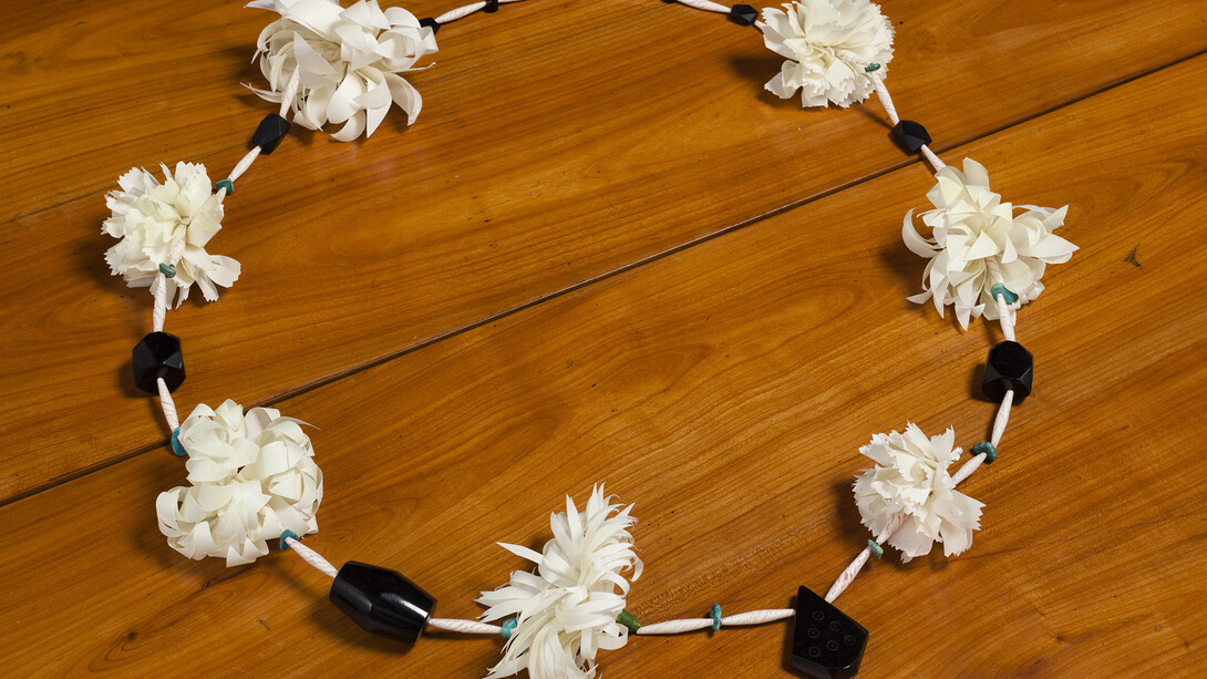 May Cornet 'Garland', 2015, jet beads, Hosokawa paper, painted paper beads with watercolour, turquoise from Lady Epstein's necklace, jade bead, bone, dimensions variable