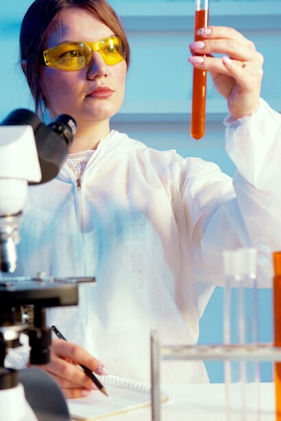 Uma mulher anotando enquanto olha para um tubo de ensaio
