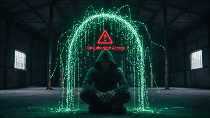 A man surrounded by falling data fragments under an “unauthorised access” alert, representing the fragile boundaries of enterprise security