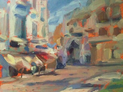 Tim Benson, Gate into the Medina, Grand Socco, Tangier, Morocco, oil on board, 8.5 x 10 inches