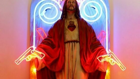 Chris Bracey, Hands of God, 2013, Found sculpture, neon and carnival bulbs. Unique 
Dimensions: 180 x 94 x 52 cm (70.8 x 37 x 20.4")