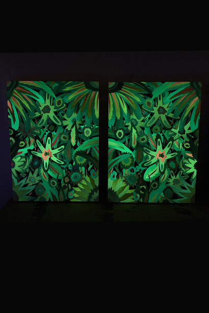 Neon Flowers (Glow in the Dark), Diptych, Michael Callas, spray paint and stencil on canvas