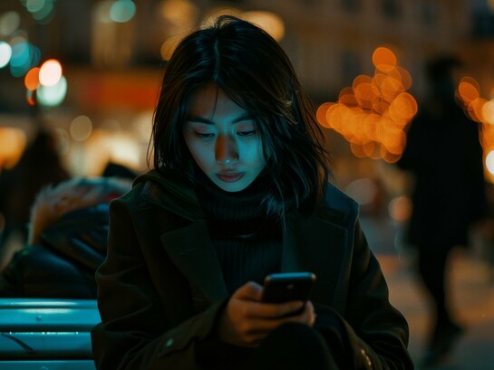 A girl sitting outside at night, her attention captured by her phone, illustrating how algorithms train the brain toward constant novelty