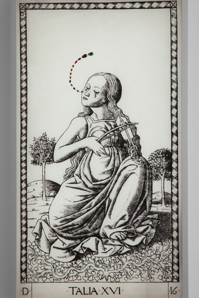 Francesco Vezzoli, Metamorfosi: The Crying Muses (After Mantegna's tarot cards), Talia,
2015,
LED light-boxes, rhinestones,
9 pieces, each 100 x 55 x 8 cm
