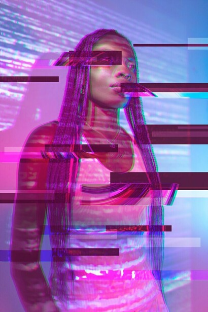 A surreal abstract portrait of a woman, infused with vaporwave aesthetics, merging pop culture, Japanese influences, and cyberpunk elements, capturing the essence of mimicry and imitation