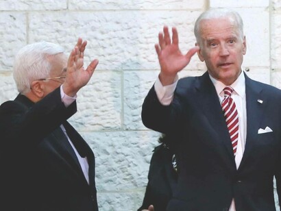 Then US Vice President Joe Biden (right) with Palestinian President Mahmoud Abbas in Ramallah, the West Bank on 9 March 2016